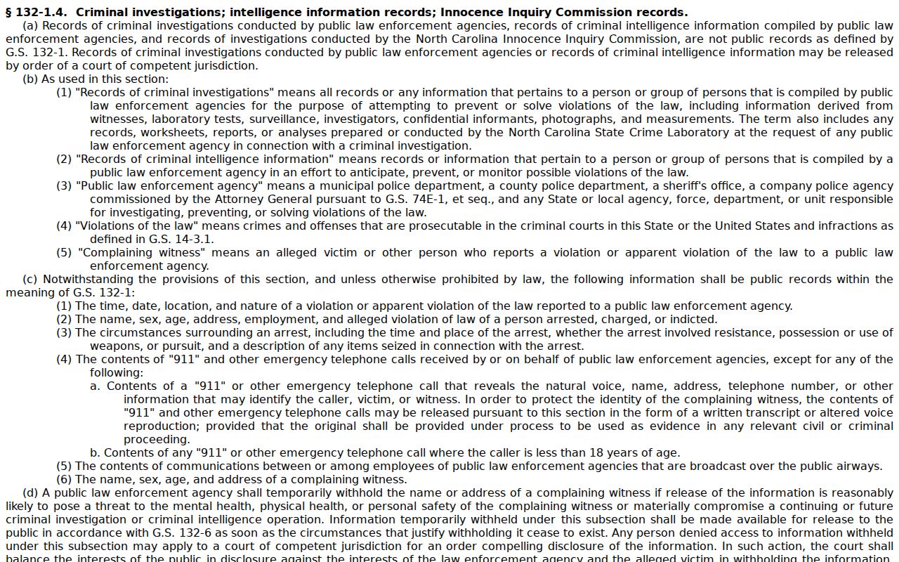 Criminal investigation record access law for Pollocksville record requests
