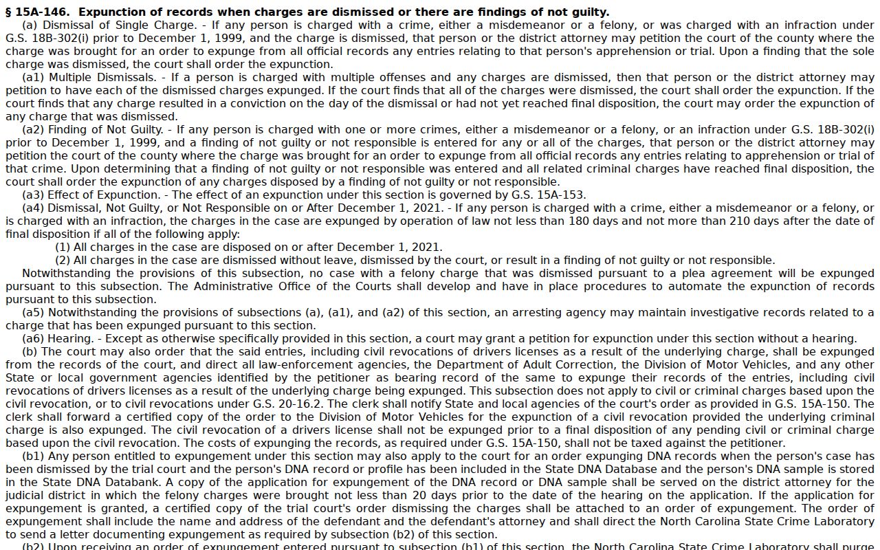 Dismissal and not guilty expunction statute for Pollocksville criminal records