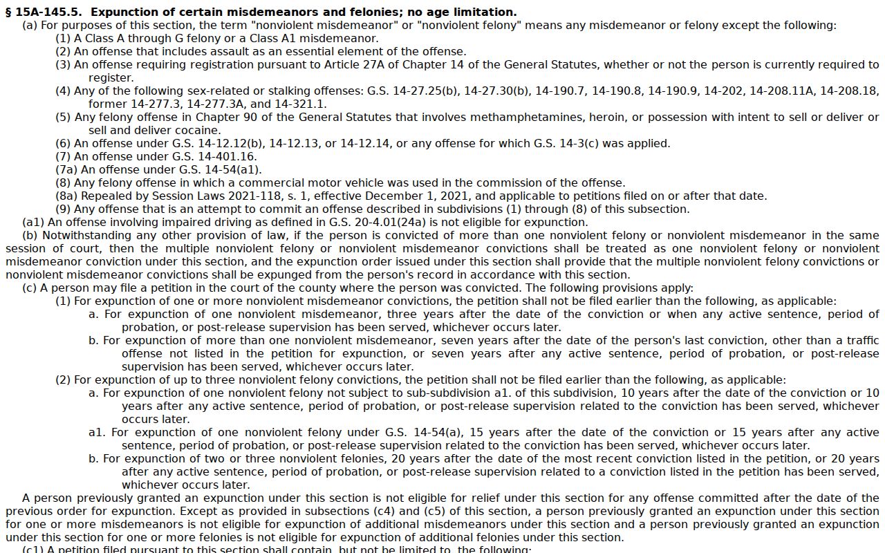 North Carolina misdemeanor and felony expunction law for Pollocksville records